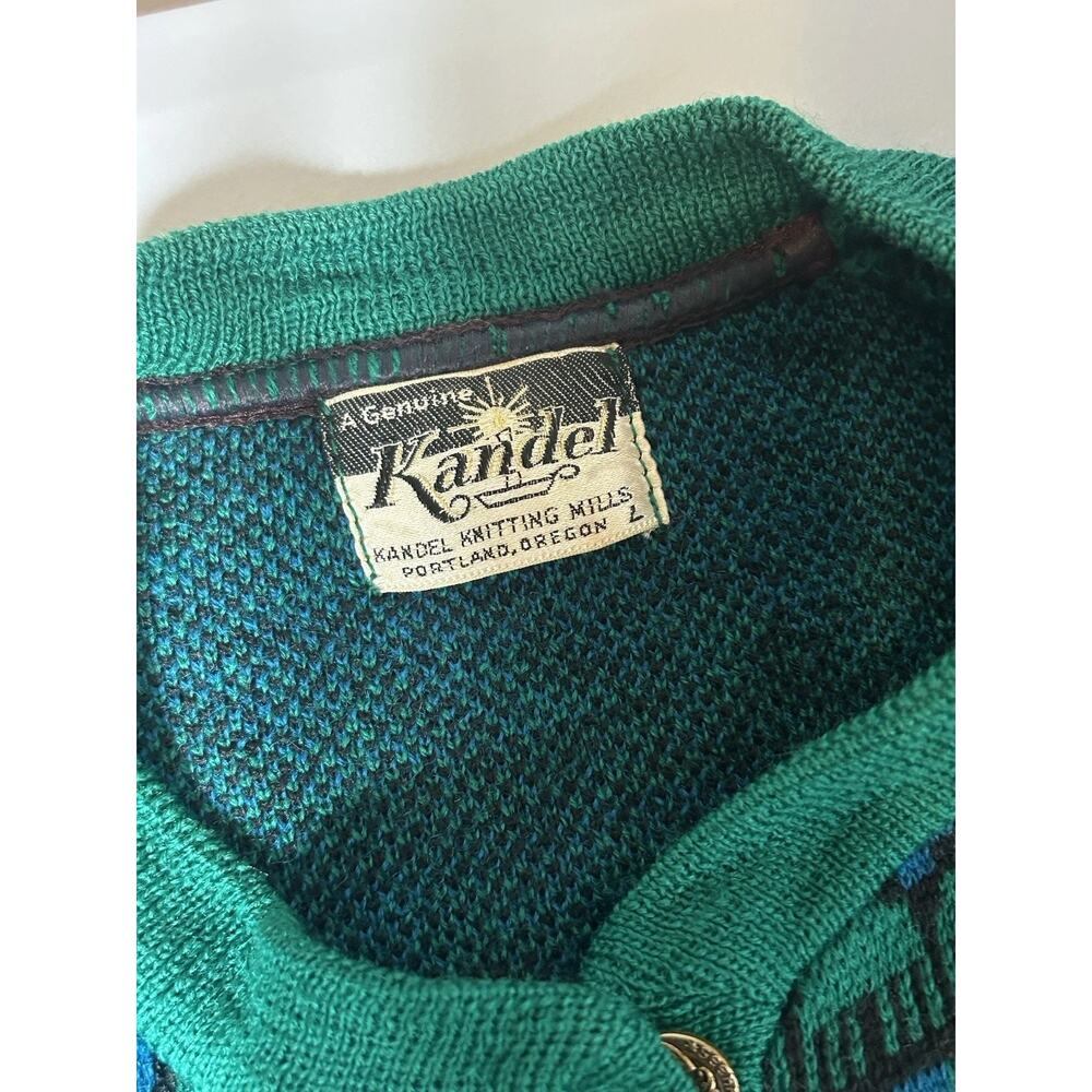 Vintage 50s 60s Kandel Wool Fair Isle Cardigan Sweater Sz L Herringbone Chevron - Picture 7 of 9